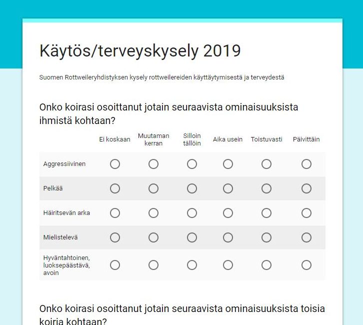 Rottweilereiden käytös- ja terveyskysely 2019